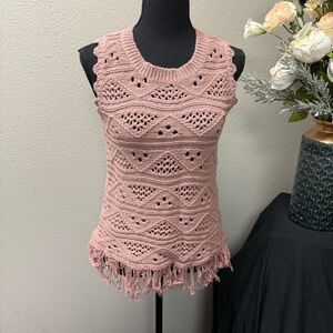 Another Love Blush Crochet Knit Fringe Sleeveless Boho Festival Top M